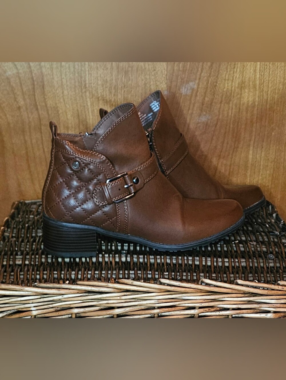 Dana Buchman Dorian Cognac Brown Faux Leather Quilted Ankle Booties